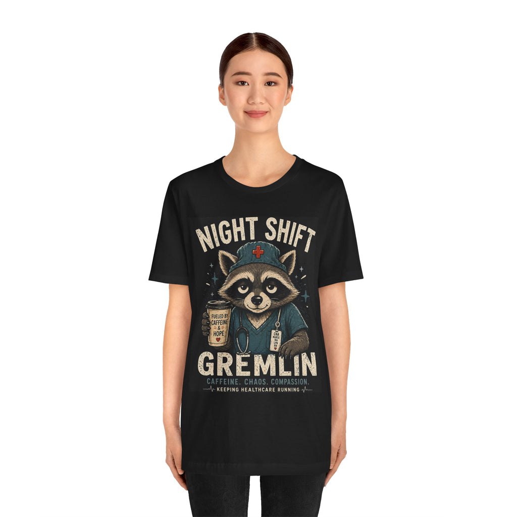 Night Shift Gremlin Tee — Cute Raccoon Nurse T-Shirt for Healthcare Workers