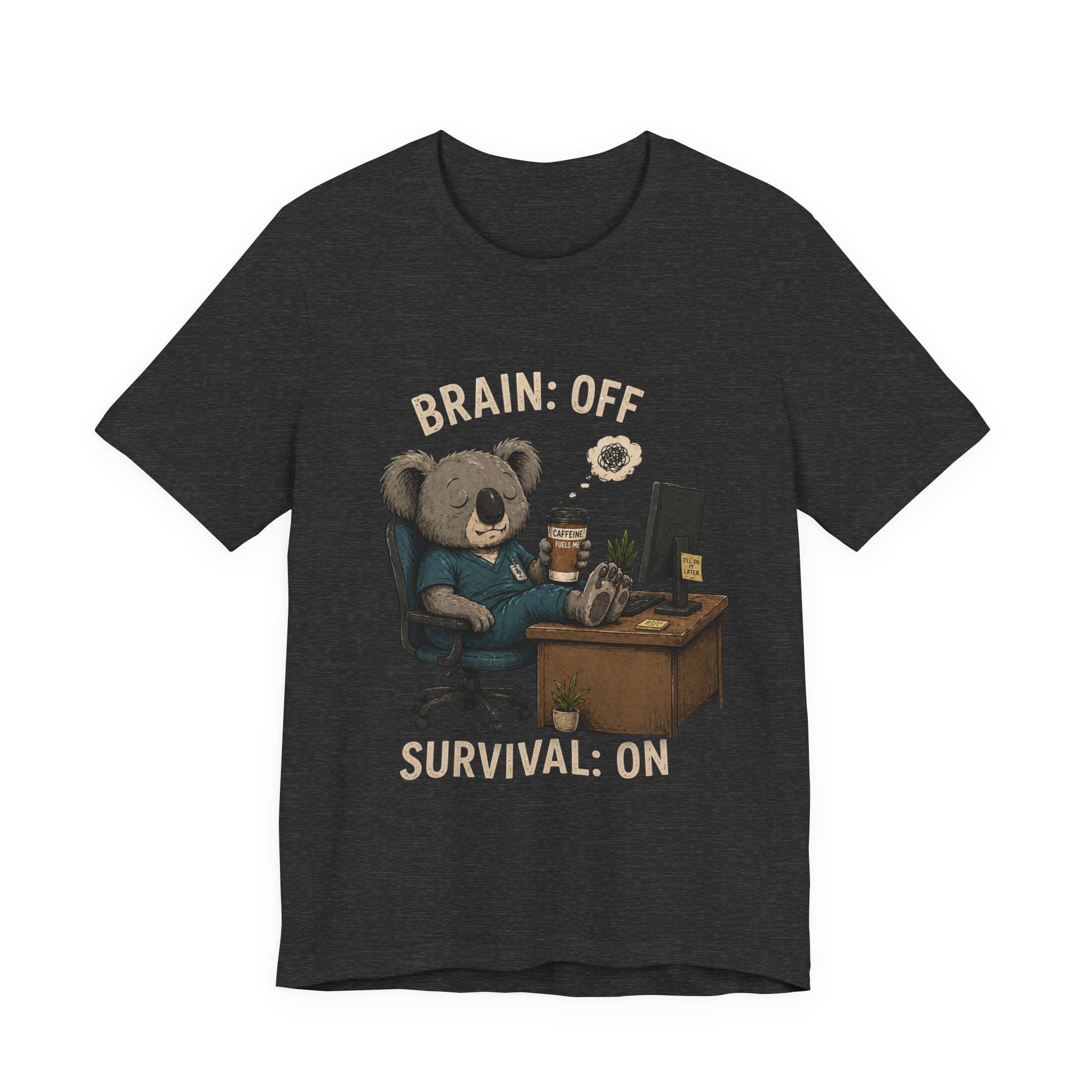 Brain Off Survival On Tee — Relaxed Koala Coffee T‑Shirt