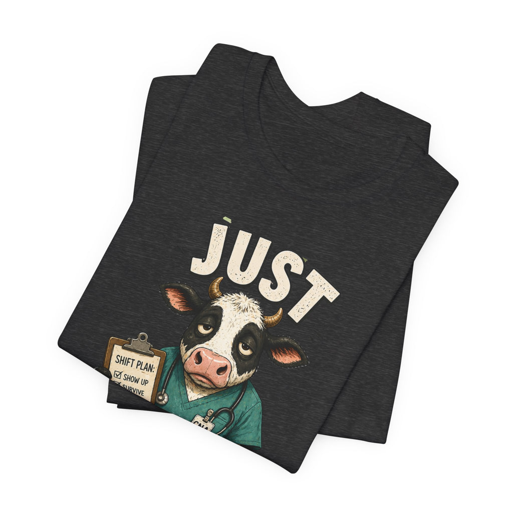 Just Clocked In Cow Nurse T‑Shirt — Cute Veterinary/Healthcare Work Tee