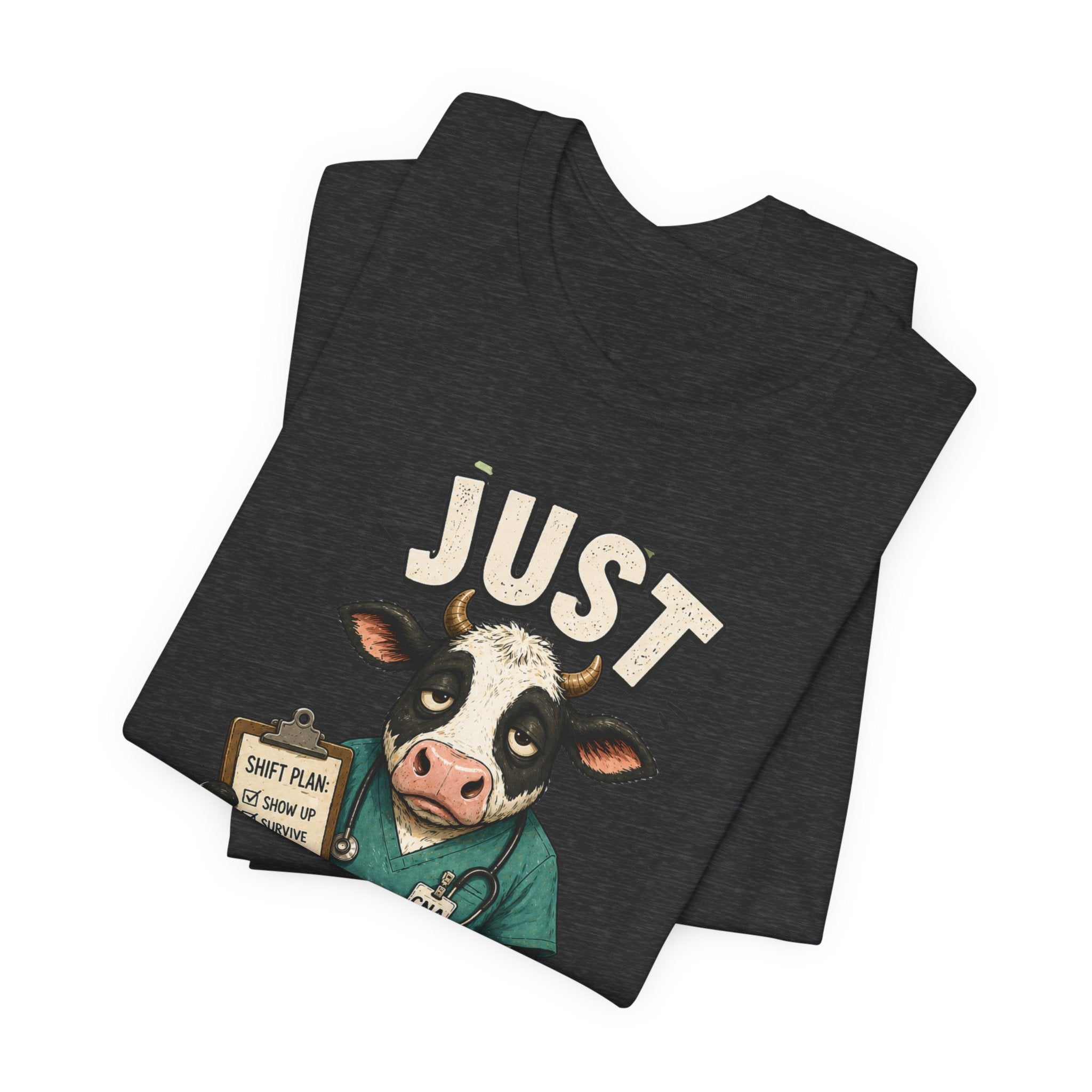 Just Clocked In Cow Nurse T‑Shirt — Cute Veterinary/Healthcare Work Tee