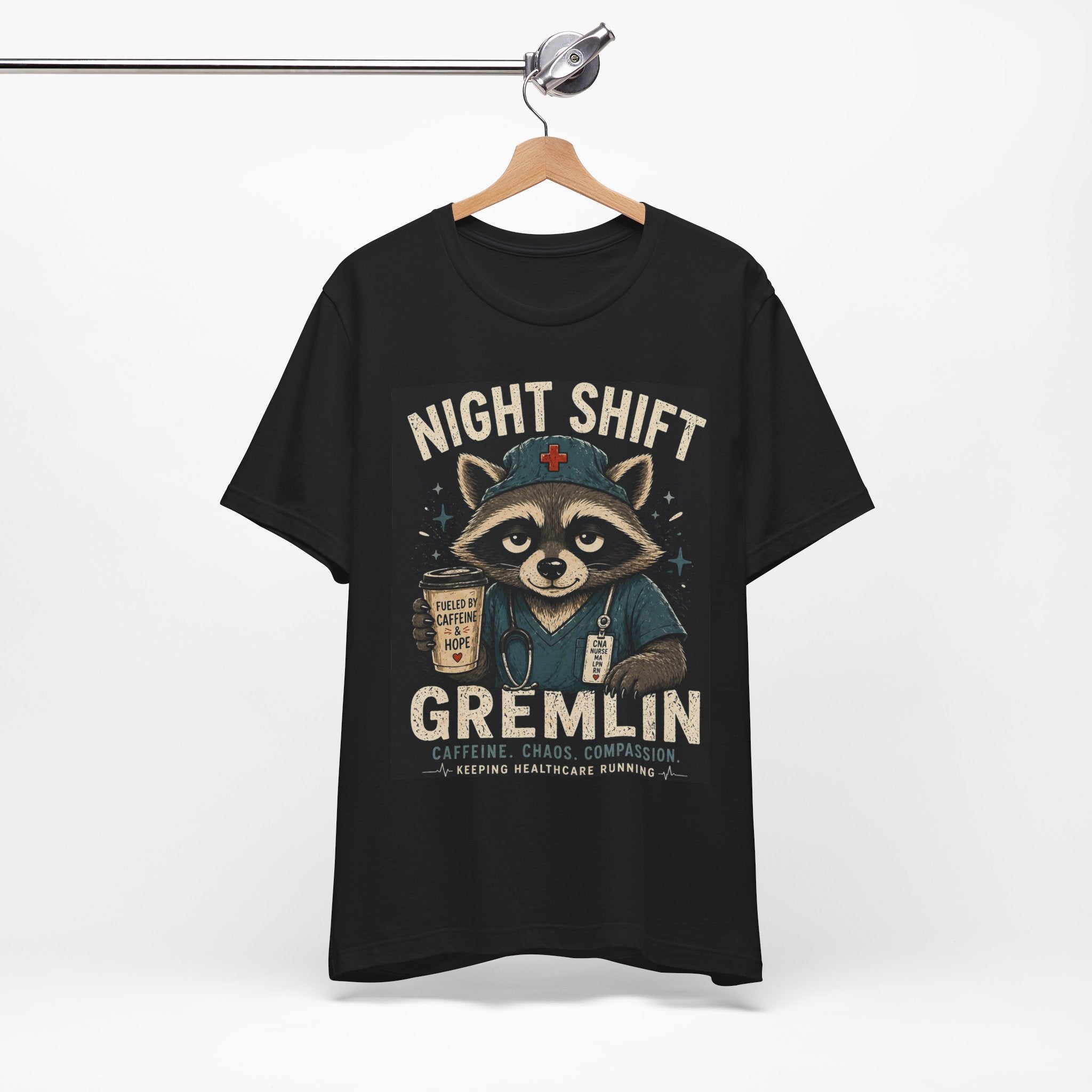 Night Shift Gremlin Tee — Cute Raccoon Nurse T-Shirt for Healthcare Workers